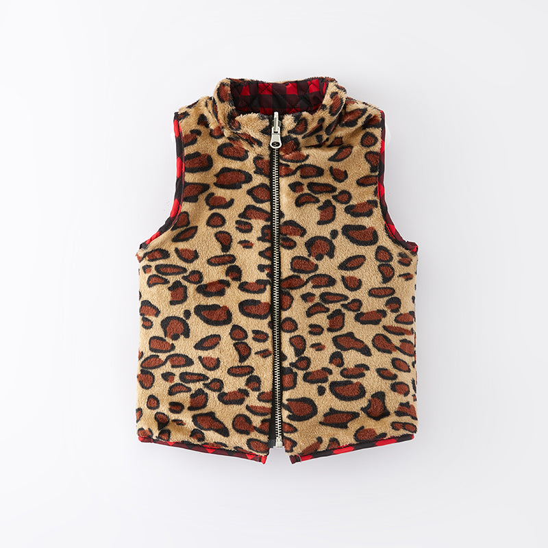 (In Stock L15-2-1)Girls Fall Red Plaid Reversible Vest