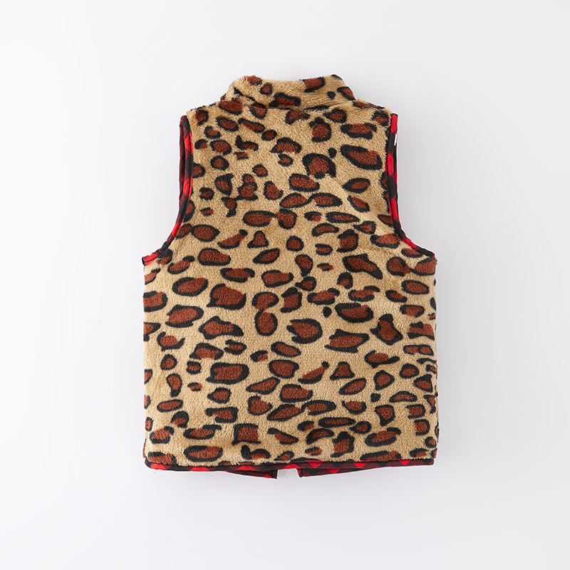 (In Stock L15-2-1)Girls Fall Red Plaid Reversible Vest