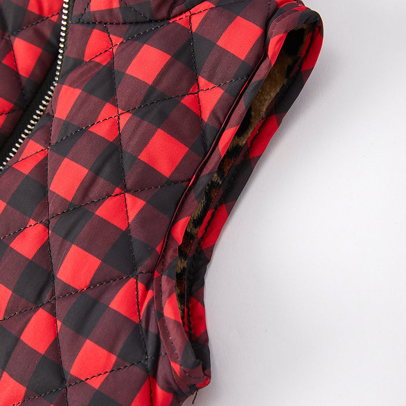 (In Stock L15-2-1)Girls Fall Red Plaid Reversible Vest