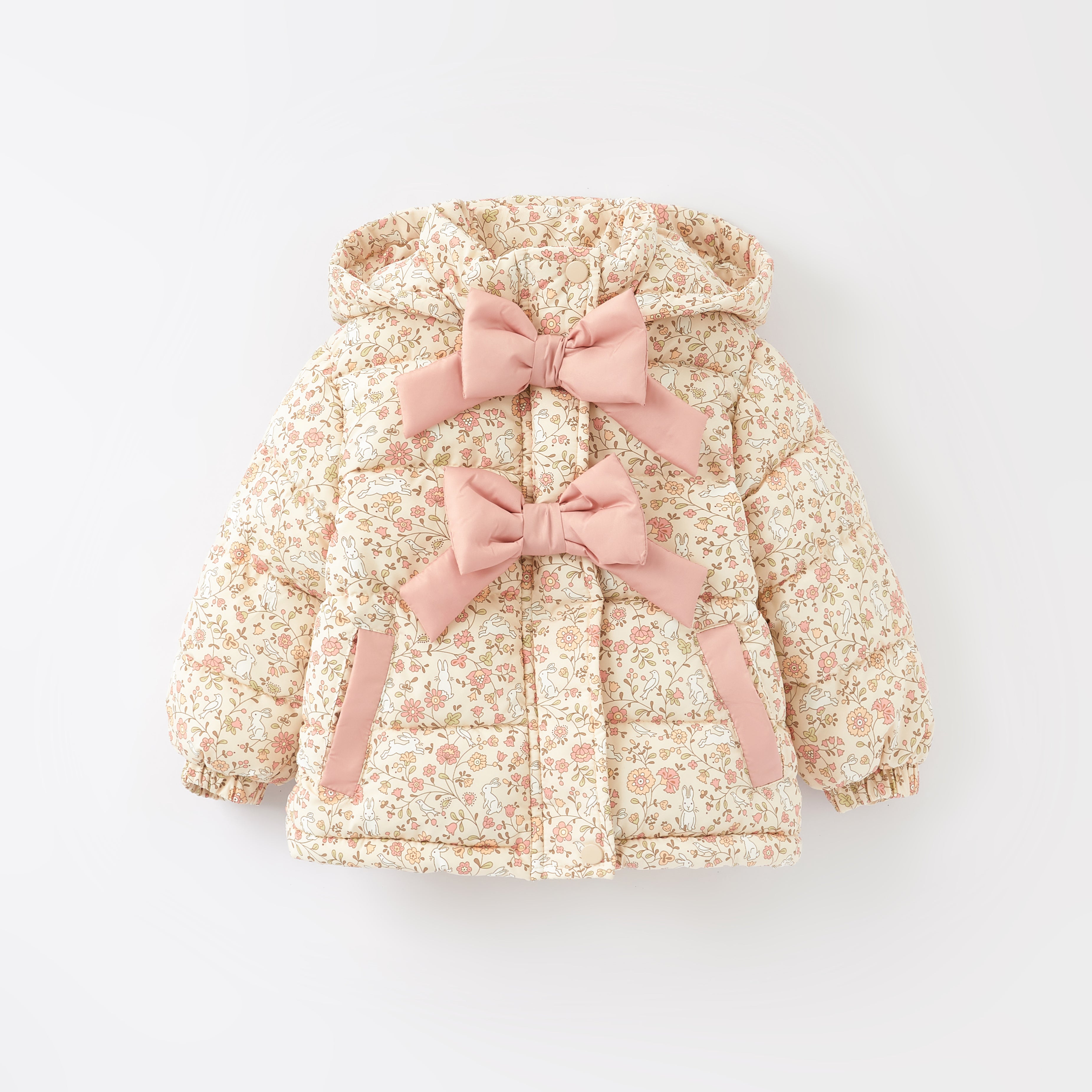 (Pre Order)Adorable Floral Winter Coats with Oversized Bows for Little Girls