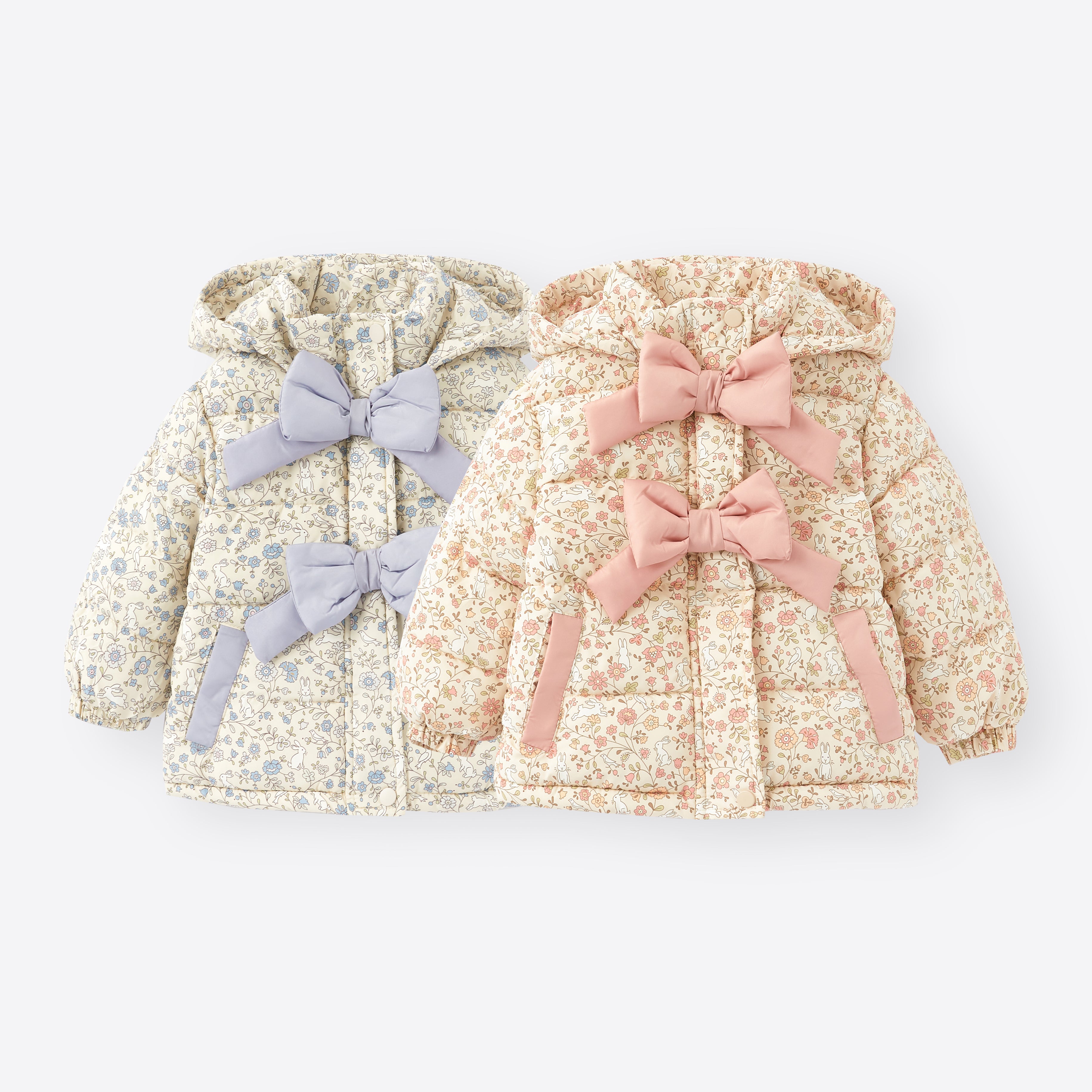 (Pre Order)Adorable Floral Winter Coats with Oversized Bows for Little Girls