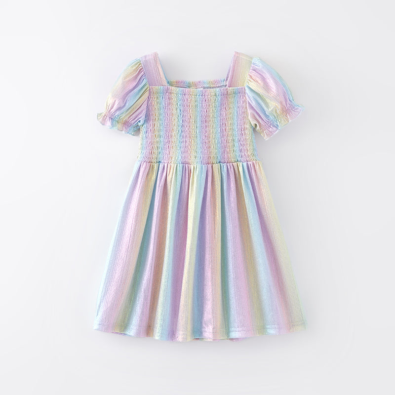 (In Stock A1-4-1)Girls Spring Rainbow Laser Smock Dress