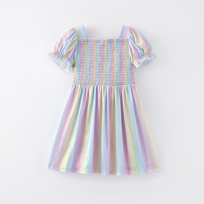 (In Stock A1-4-1)Girls Spring Rainbow Laser Smock Dress