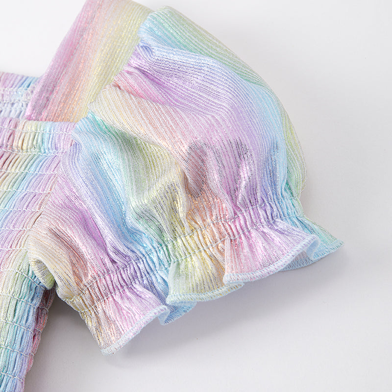 (In Stock A1-4-1)Girls Spring Rainbow Laser Smock Dress