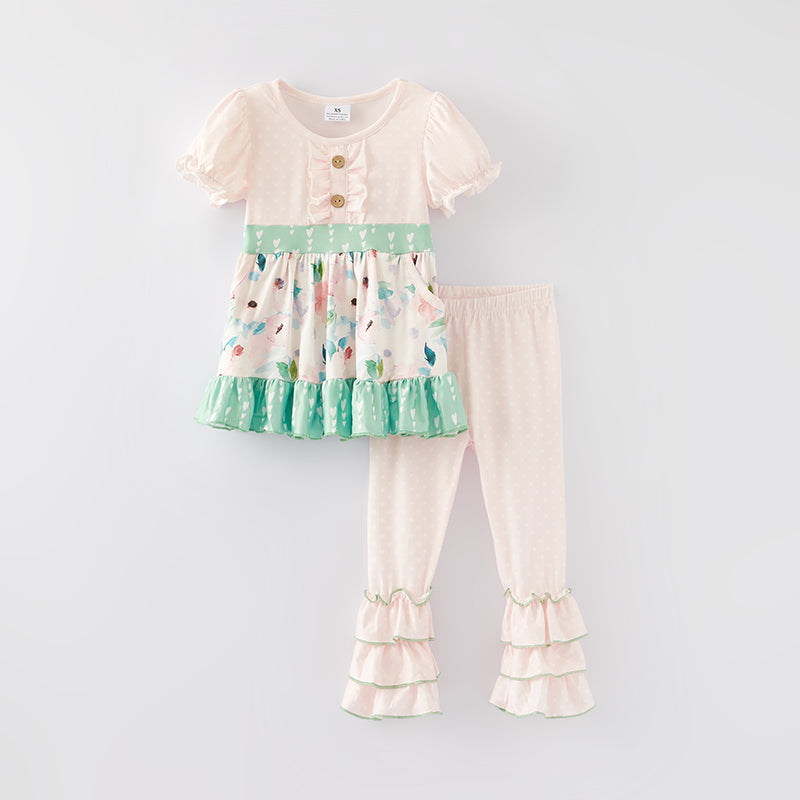 (In Stock E29-5-1)Girls Spring Pink Floral Print Outfit Set
