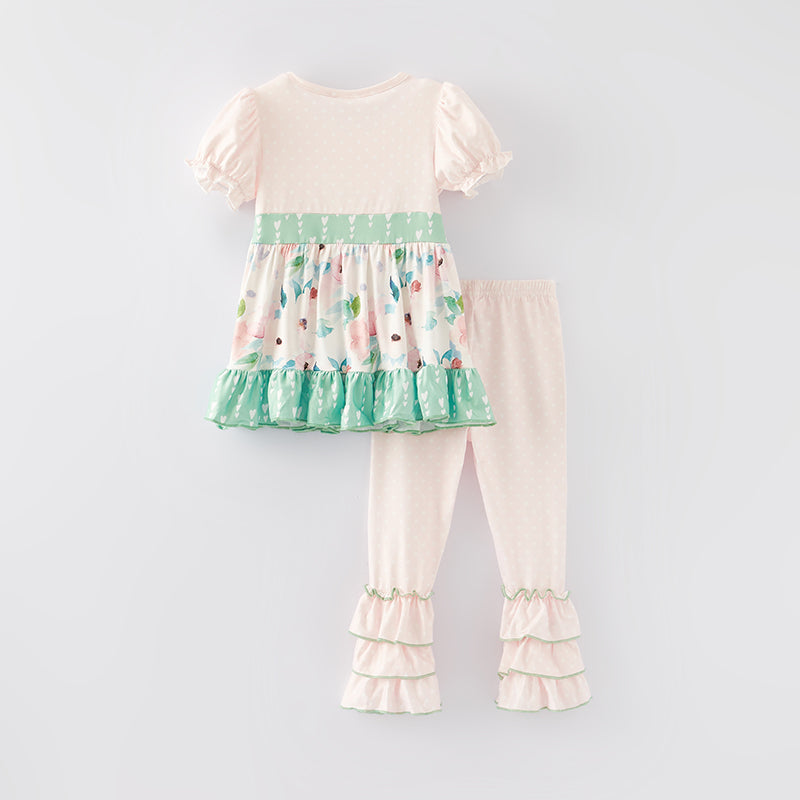 (In Stock E29-5-1)Girls Spring Pink Floral Print Outfit Set