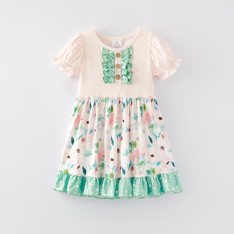 (In Stock E30-5-3)Girls Spring Pink Floral Print Milk Silk Dress