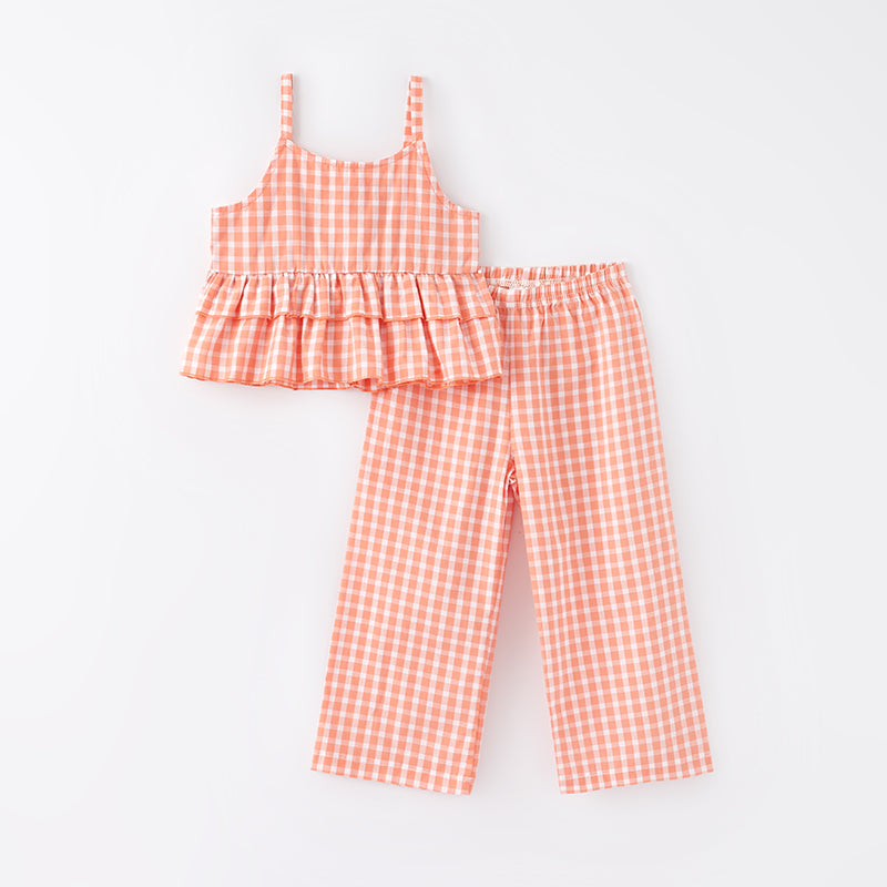 (In Stock E24-2-2)Girls Spring Coral Plaid Cotton Outfit Set