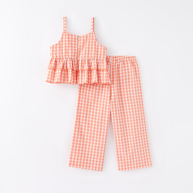 (In Stock E24-2-2)Girls Spring Coral Plaid Cotton Outfit Set