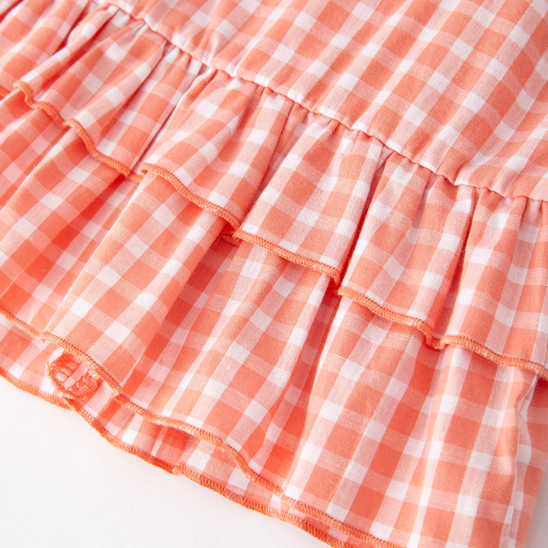 (In Stock E24-2-2)Girls Spring Coral Plaid Cotton Outfit Set