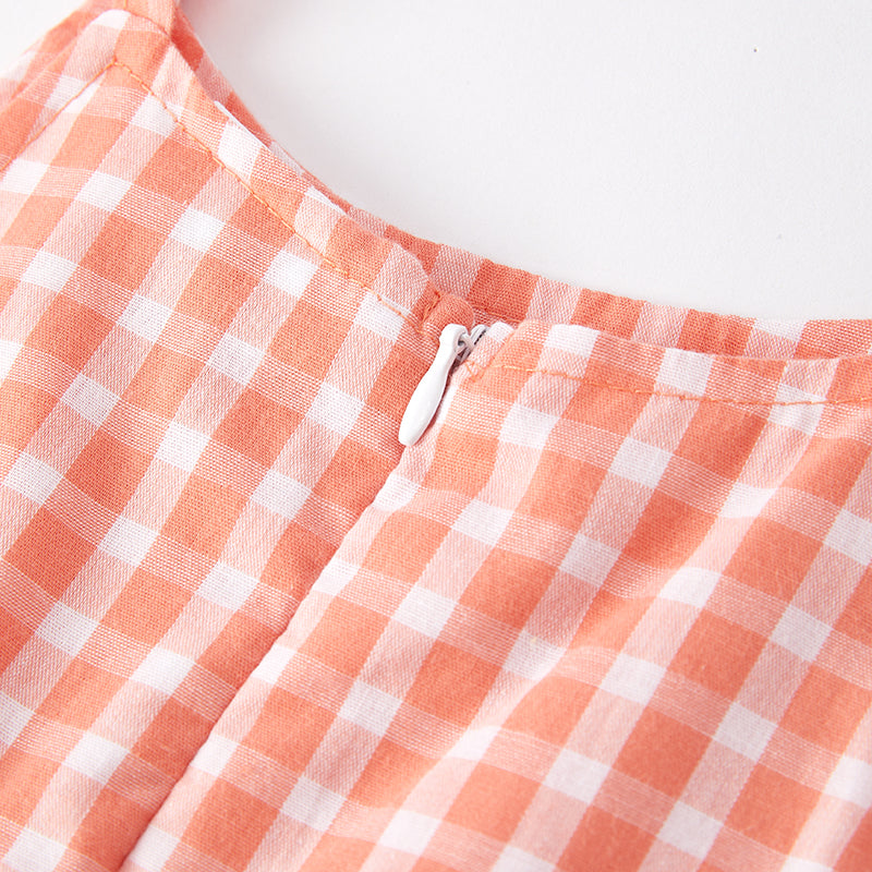 (In Stock E24-2-2)Girls Spring Coral Plaid Cotton Outfit Set