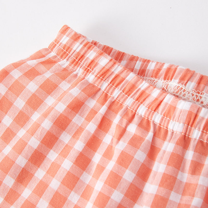 (In Stock E24-2-2)Girls Spring Coral Plaid Cotton Outfit Set