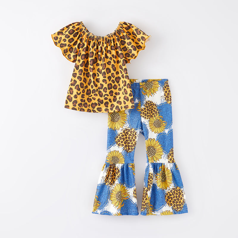 (In Stock E24-3-2)Girls Spring Leopard Sunflower Print Outfit Set