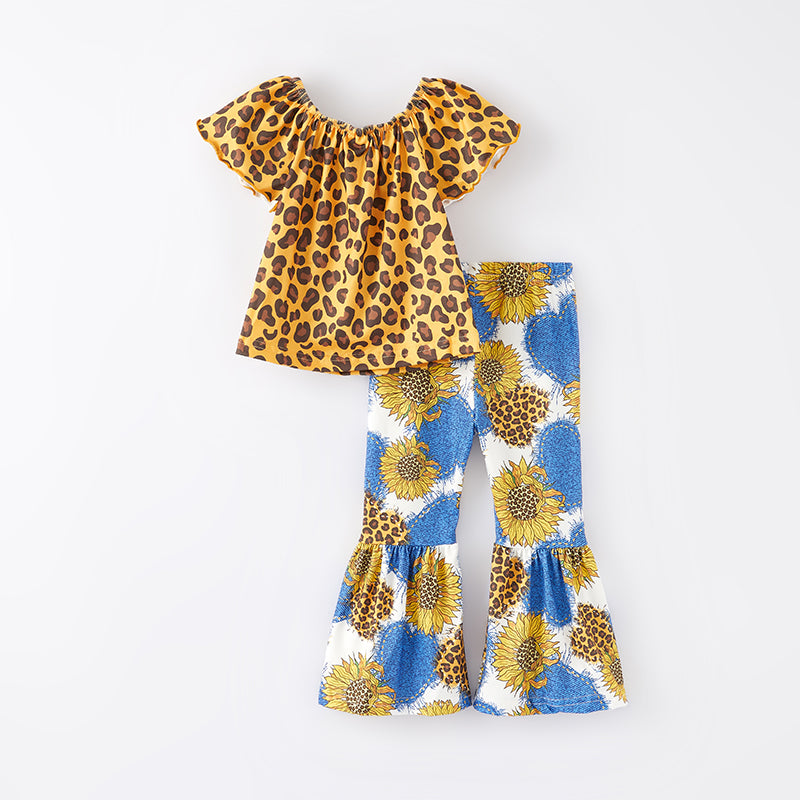 (In Stock E24-3-2)Girls Spring Leopard Sunflower Print Outfit Set