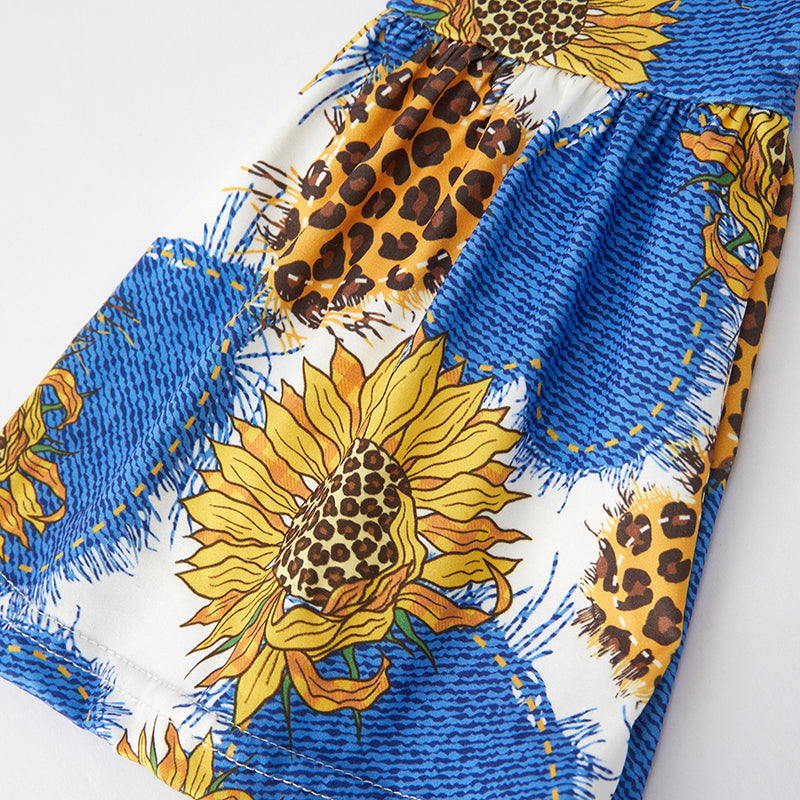 (In Stock E24-3-2)Girls Spring Leopard Sunflower Print Outfit Set