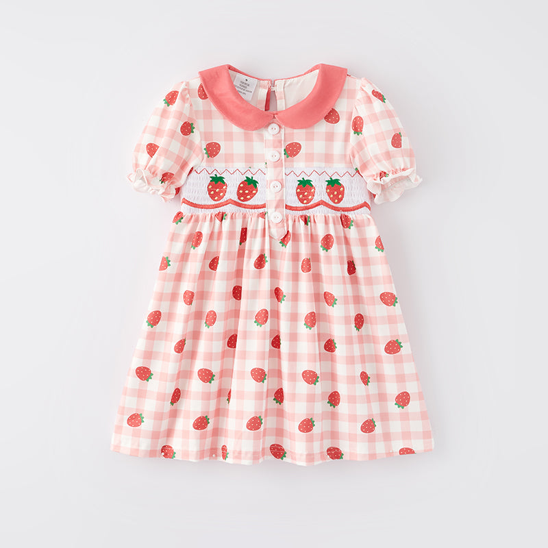 (In Stock E14-4-3)Girls Spring Strawberry Embroidery Smocked Dress