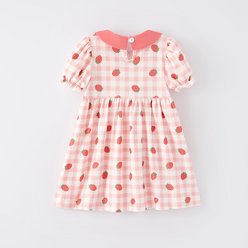 (In Stock E14-4-3)Girls Spring Strawberry Embroidery Smocked Dress