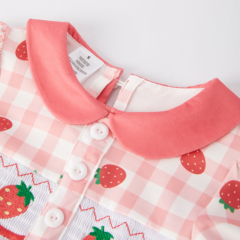 (In Stock E14-4-3)Girls Spring Strawberry Embroidery Smocked Dress