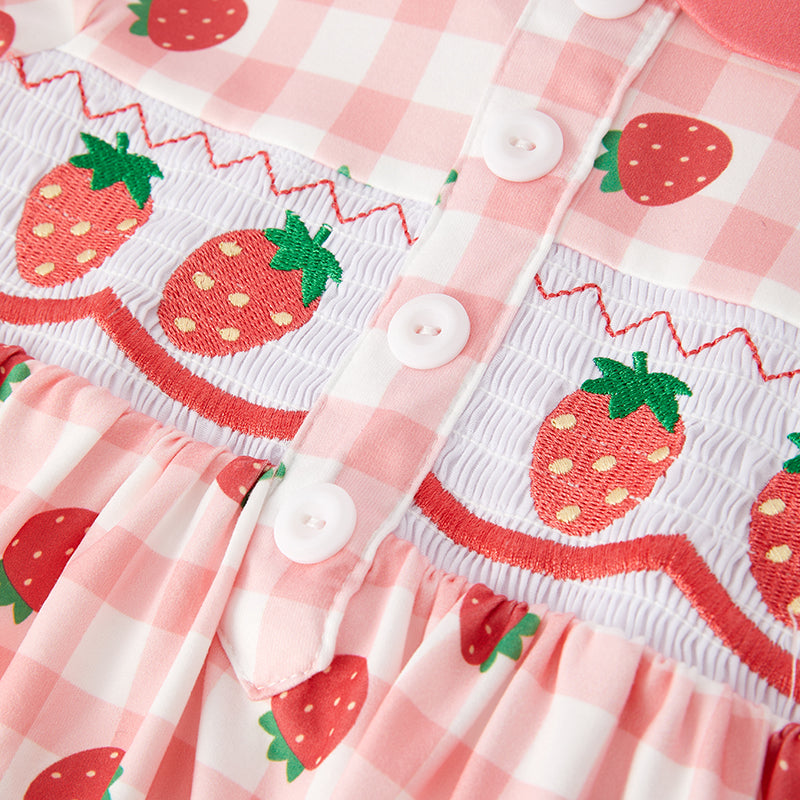 (In Stock E14-4-3)Girls Spring Strawberry Embroidery Smocked Dress