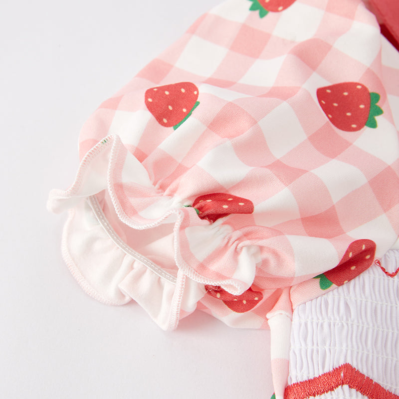 (In Stock E14-4-3)Girls Spring Strawberry Embroidery Smocked Dress