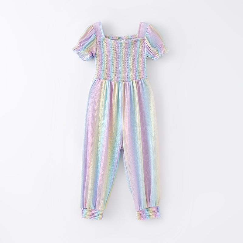 (In Stock A2-7-1)Girls Spring Rainbow Laser Smock Jumpsuit