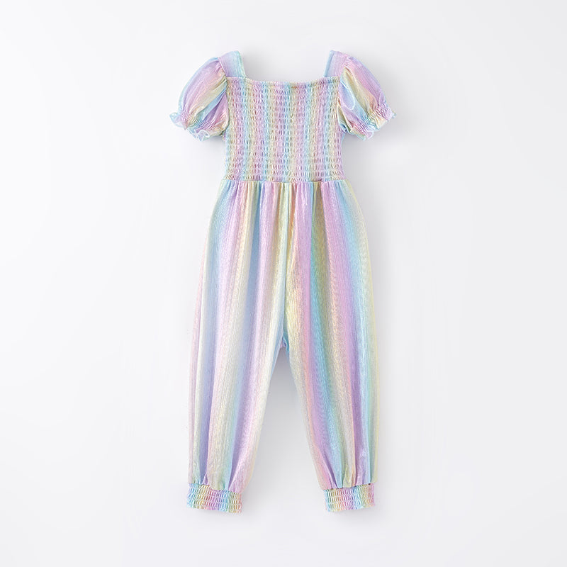 (In Stock A2-7-1)Girls Spring Rainbow Laser Smock Jumpsuit