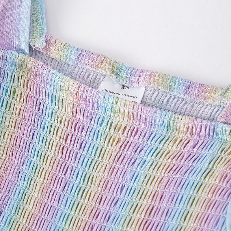 (In Stock A2-7-1)Girls Spring Rainbow Laser Smock Jumpsuit