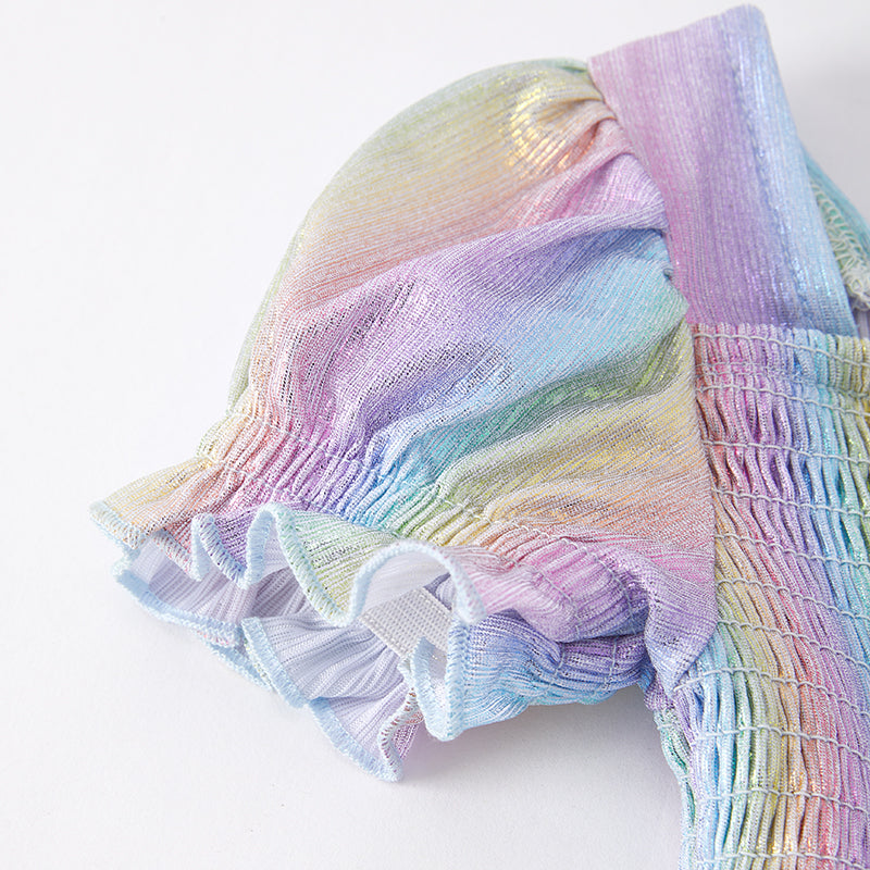 (In Stock A2-7-1)Girls Spring Rainbow Laser Smock Jumpsuit