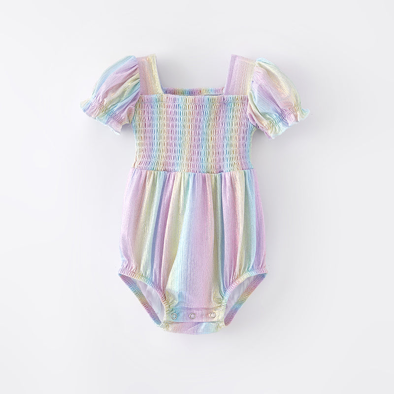 (In Stock A1-3-1)Baby Girls Spring Rainbow Laser Smock Romper