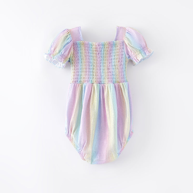 (In Stock A1-3-1)Baby Girls Spring Rainbow Laser Smock Romper