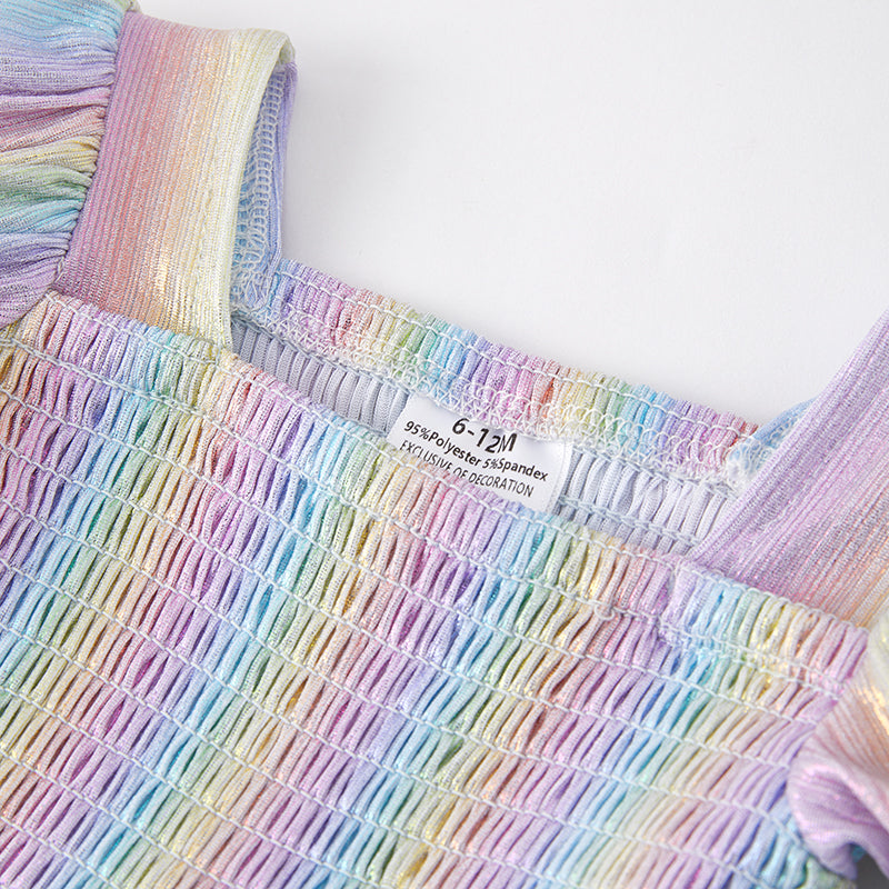 (In Stock A1-3-1)Baby Girls Spring Rainbow Laser Smock Romper