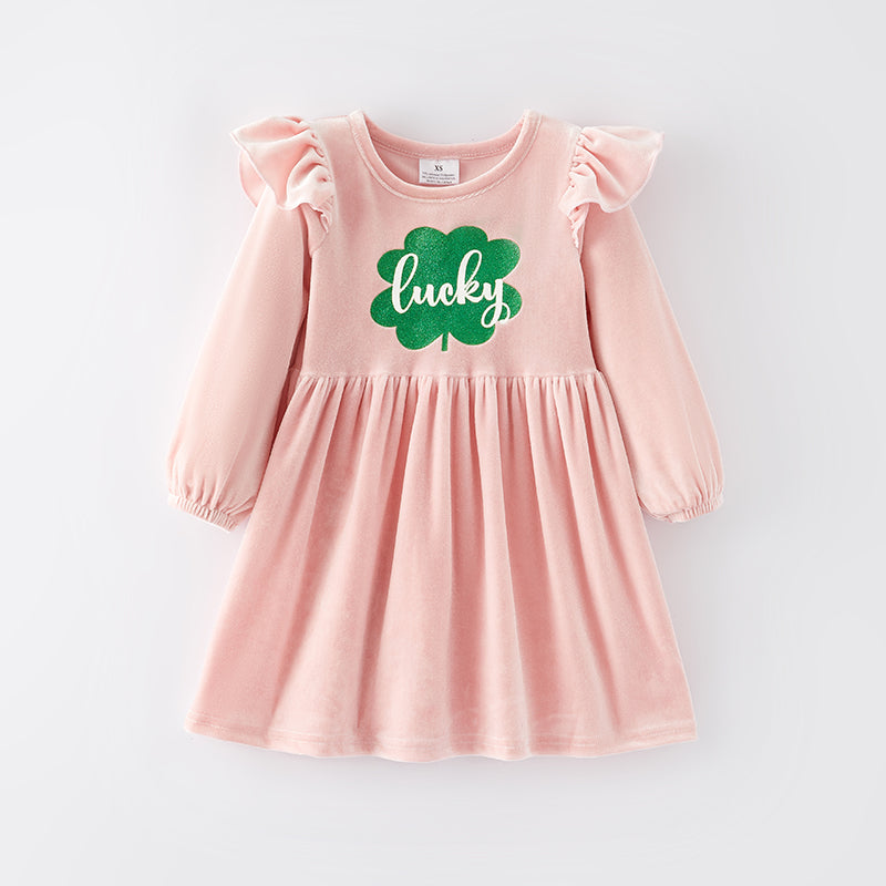 (In Stock G25-2-3)Girls St.Patrick's Day Shamrock Print Velvet Dress