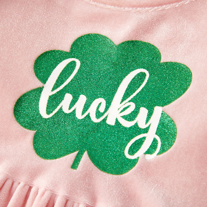 (In Stock G25-2-3)Girls St.Patrick's Day Shamrock Print Velvet Dress