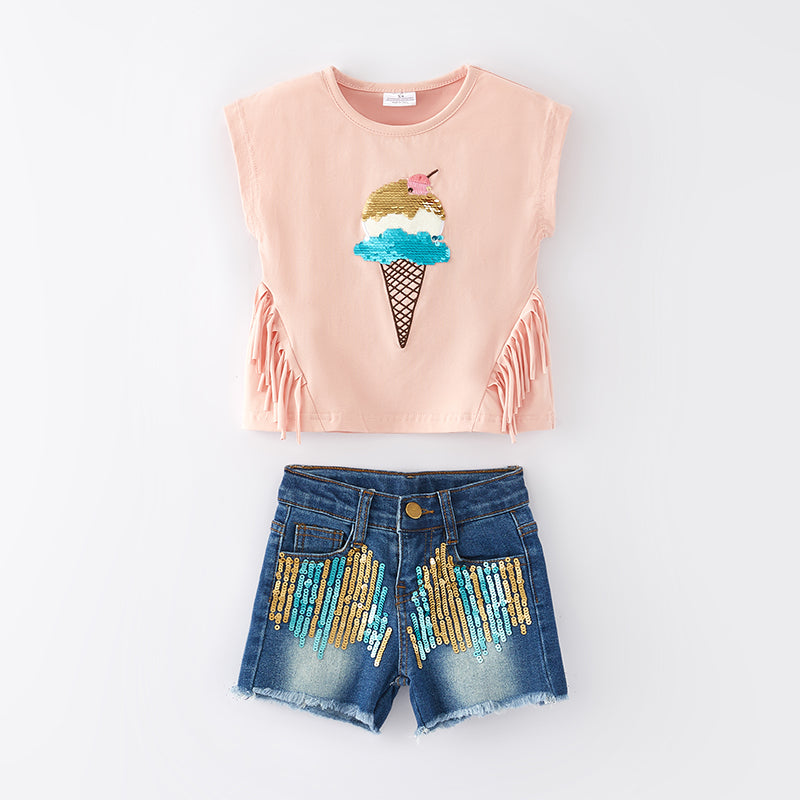 (In Stock E26-5-1)Girls Spring and Summer Ice Cream Sequin Denim Short Set