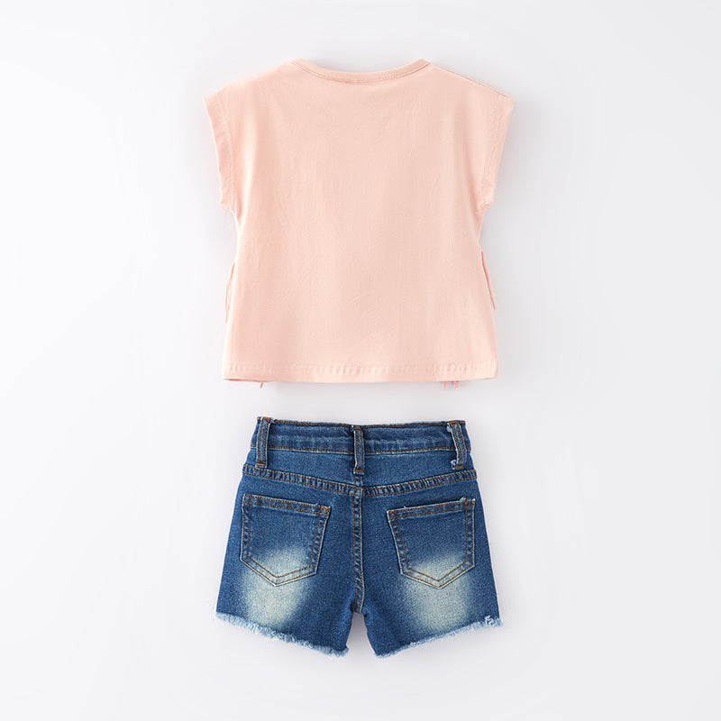 (In Stock E26-5-1)Girls Spring and Summer Ice Cream Sequin Denim Short Set