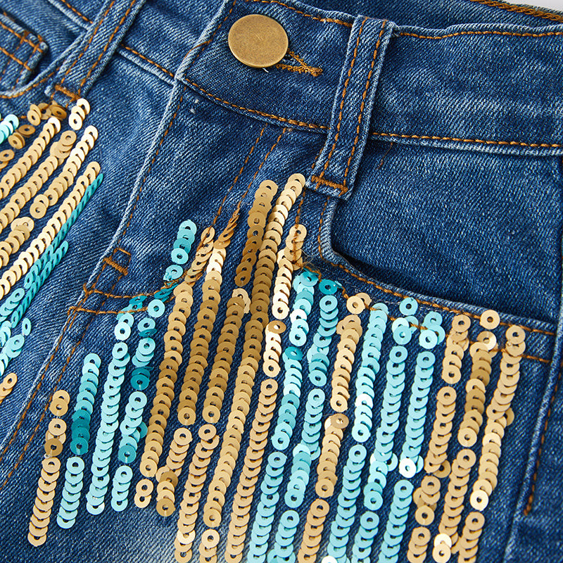 (In Stock E26-5-1)Girls Spring and Summer Ice Cream Sequin Denim Short Set