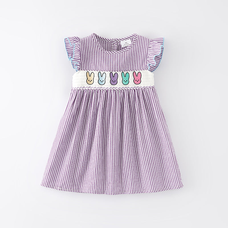(In Stock E5-3-2)Girls Easter Bunny Embroidery Smocked Cotton Dress