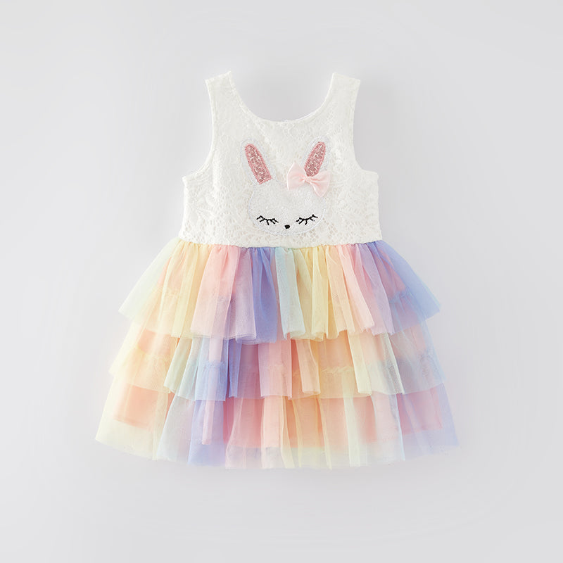 (In Stock E13-3-3)Girls Easter Bunny Applique Lace Tulle Dress