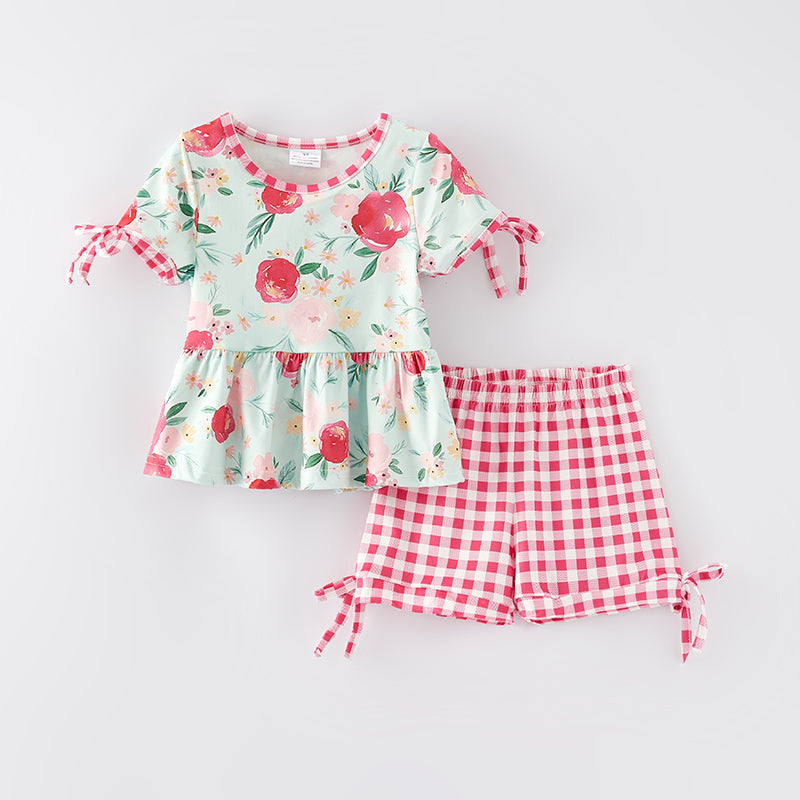 (In Stock L9-4-2)Girls Spring and Summer Floral Print Short Set