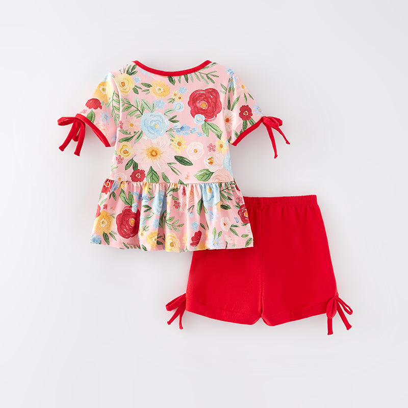 (In Stock L9-2-2)Girls Spring and Summer Floral Print Short Set