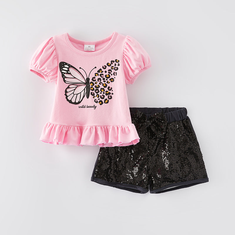 (In Stock L9-2-3)Girls Spring and Summer Butterfly Print Sequin Short Set