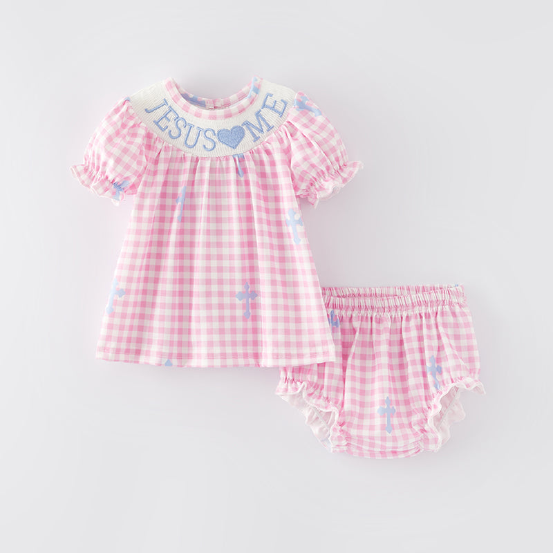 (In Stock A6-7-1)Baby Girls Easter Embroidery Smocked Bloomer Set