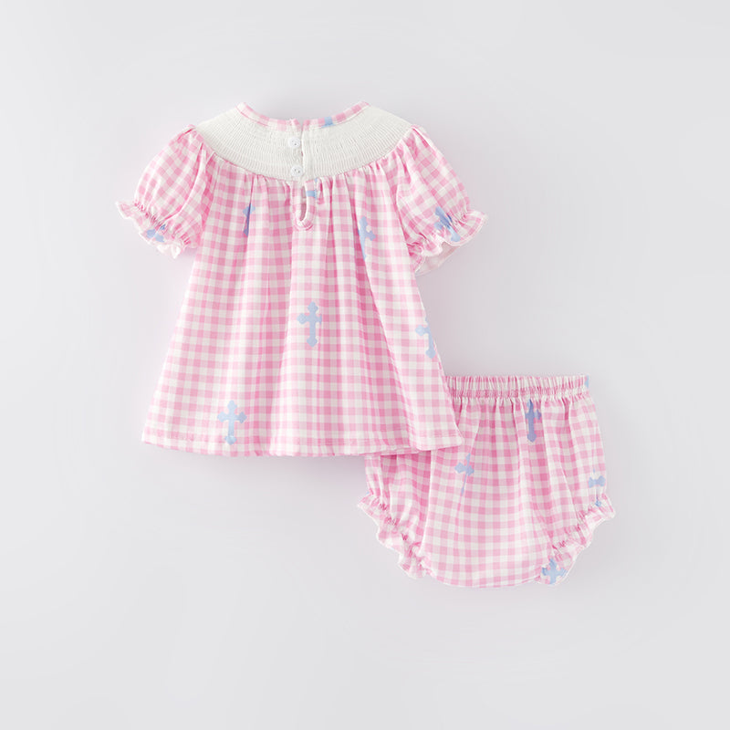 (In Stock A6-7-1)Baby Girls Easter Embroidery Smocked Bloomer Set