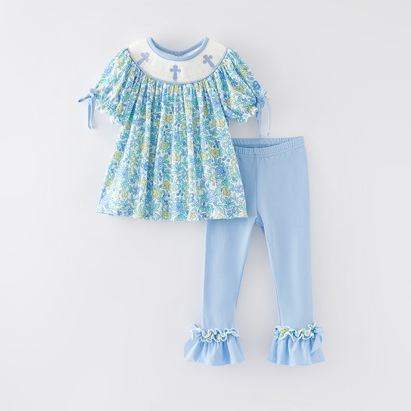 (In Stock E31-3-1)Girls Easter Embroidery Smocked Outfit Set