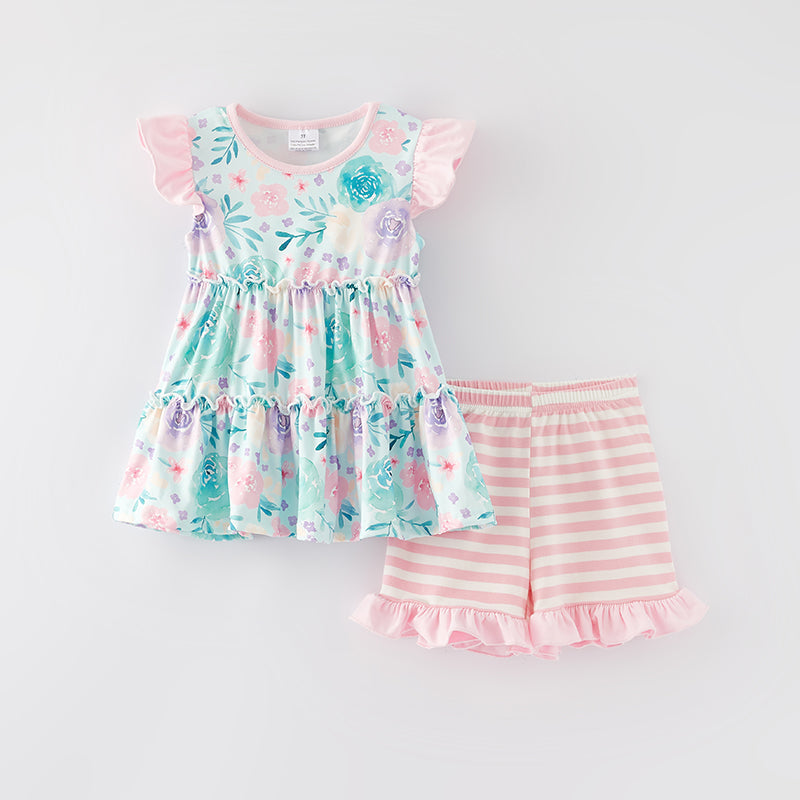 (In Stock E29-4-3)Girls Spring and Summer Cyan Floral Print Shorts Set
