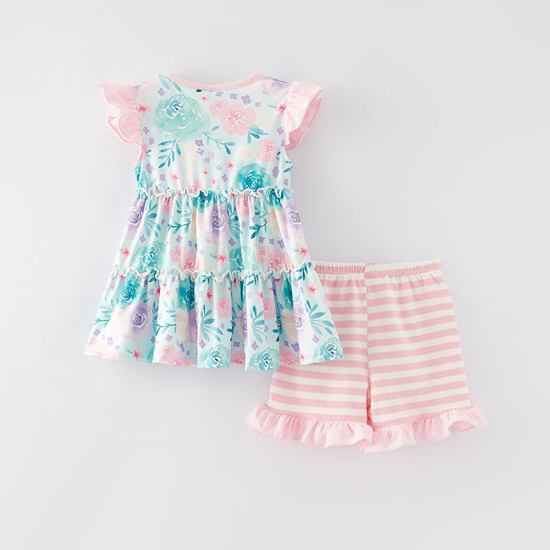 (In Stock E29-4-3)Girls Spring and Summer Cyan Floral Print Shorts Set
