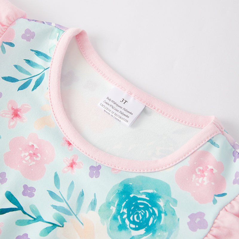 (In Stock E29-4-3)Girls Spring and Summer Cyan Floral Print Shorts Set