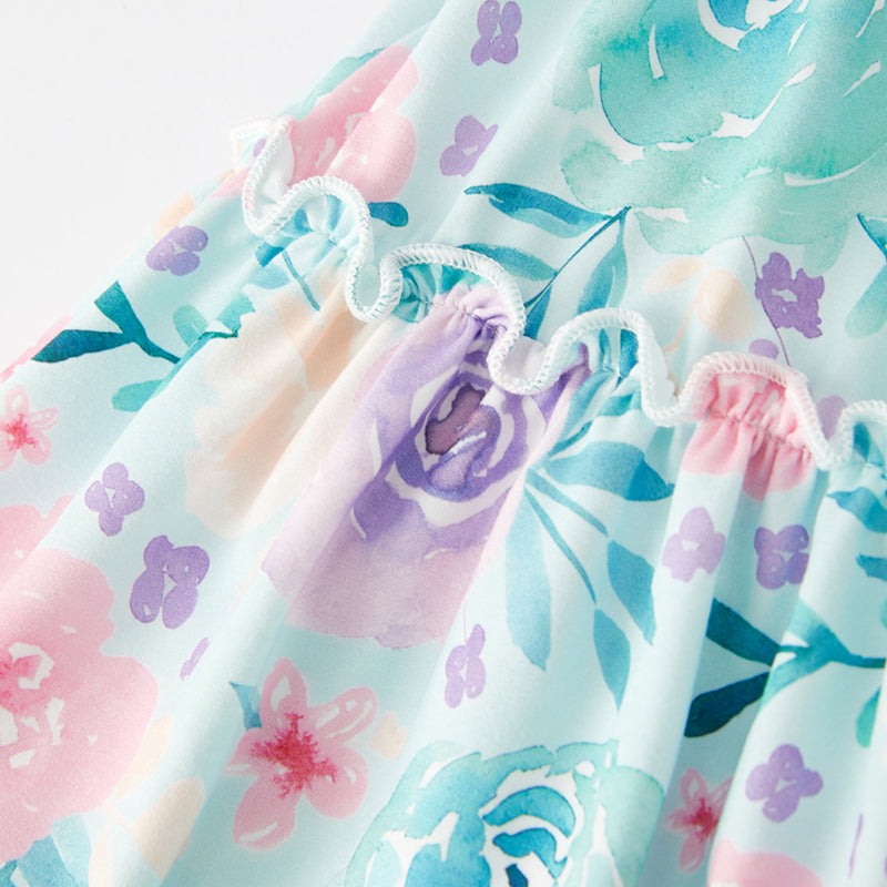 (In Stock E29-4-3)Girls Spring and Summer Cyan Floral Print Shorts Set