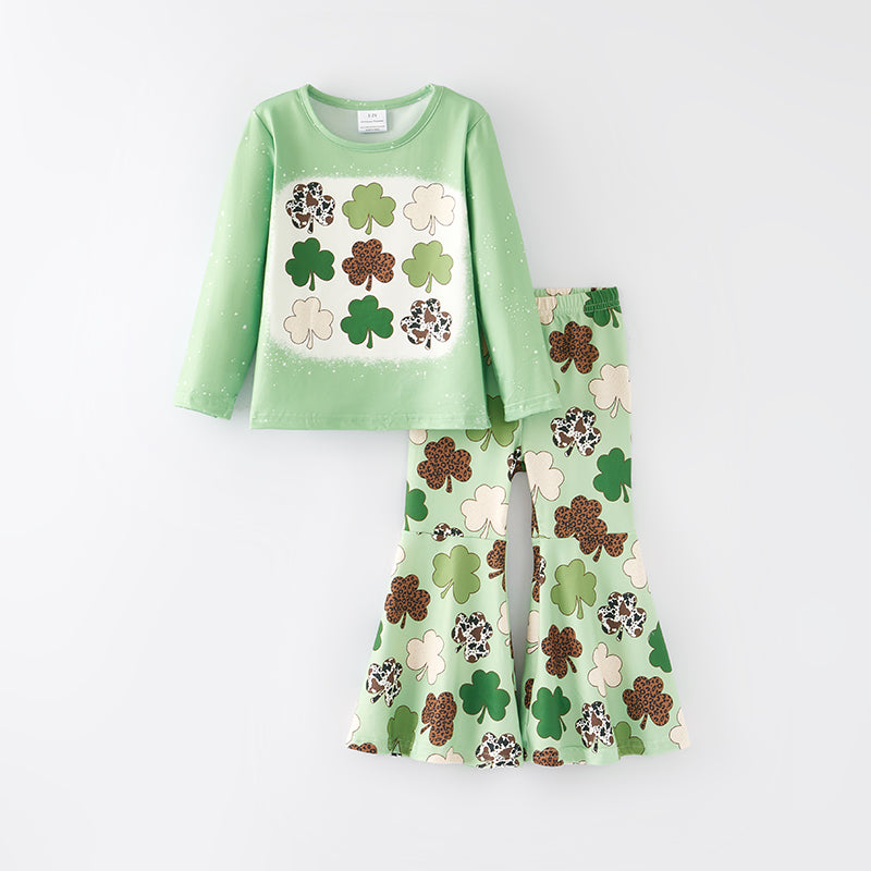 (In Stock A3-3-2)Girls St.Patrick's Day Shamrock Print Outfit Set