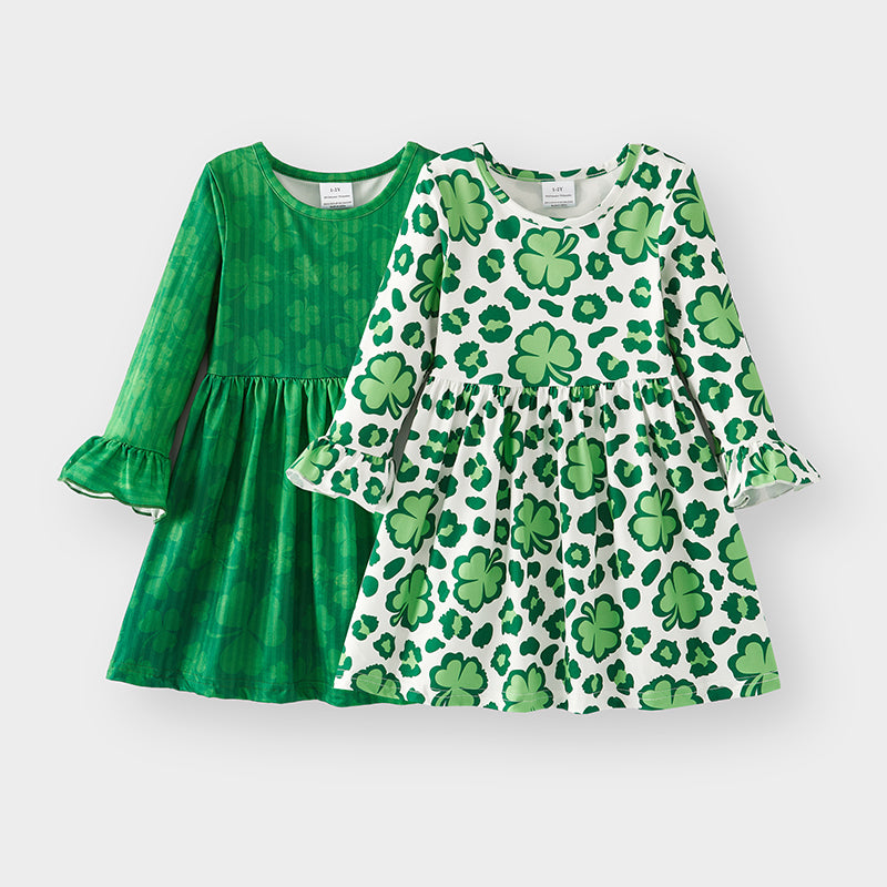 (In Stock A3-4-3)Girls St.Patrick's Day Shamrock Print Dress 2pcs